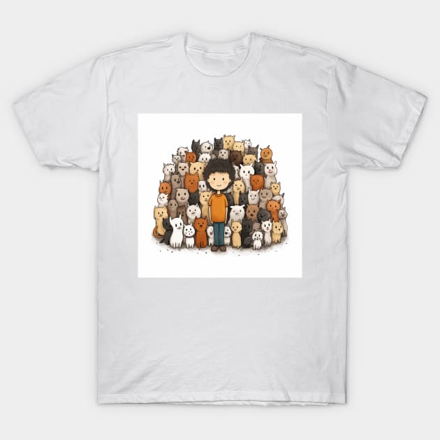 A Boy Surrounded by Playful Dogs 2 T-Shirt by saveasART